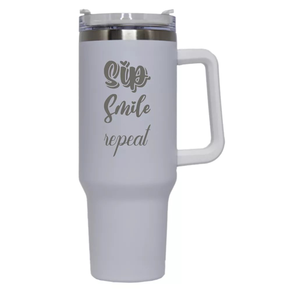 Sip, Smile, Repeat Travel Mug with Handle 40 oz White