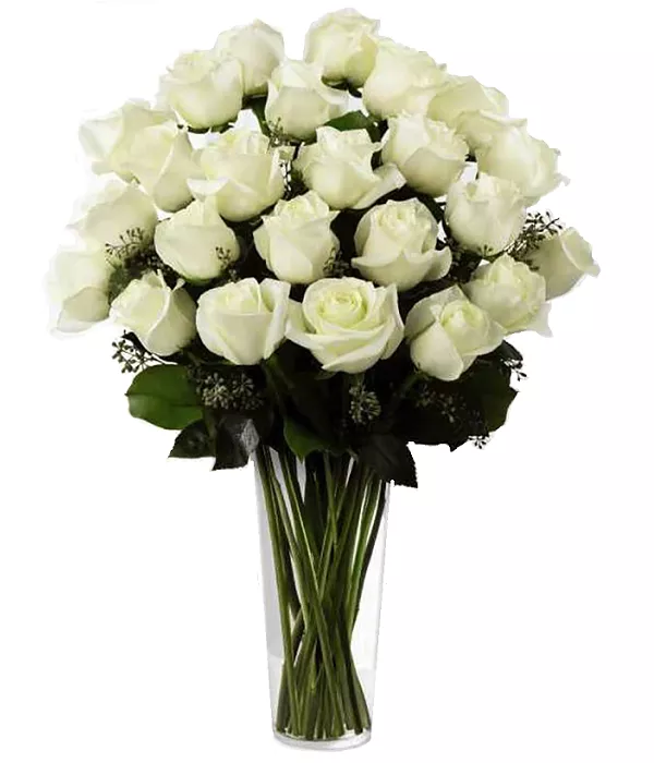 24 roses blanches à longues tiges
