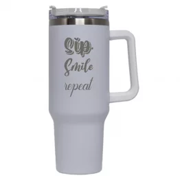 Sip, Smile, Repeat Travel Mug with Handle 40 oz White